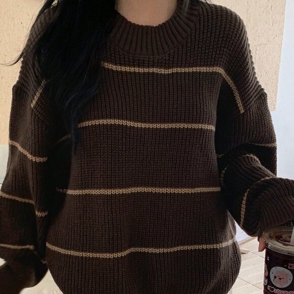 Multicolor Casual Women's Striped Loose Fit Crew Neck Sweater - Picture 6 of 9